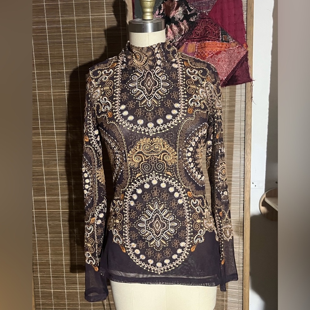 Johnny Was Mock neck boho embroidered top